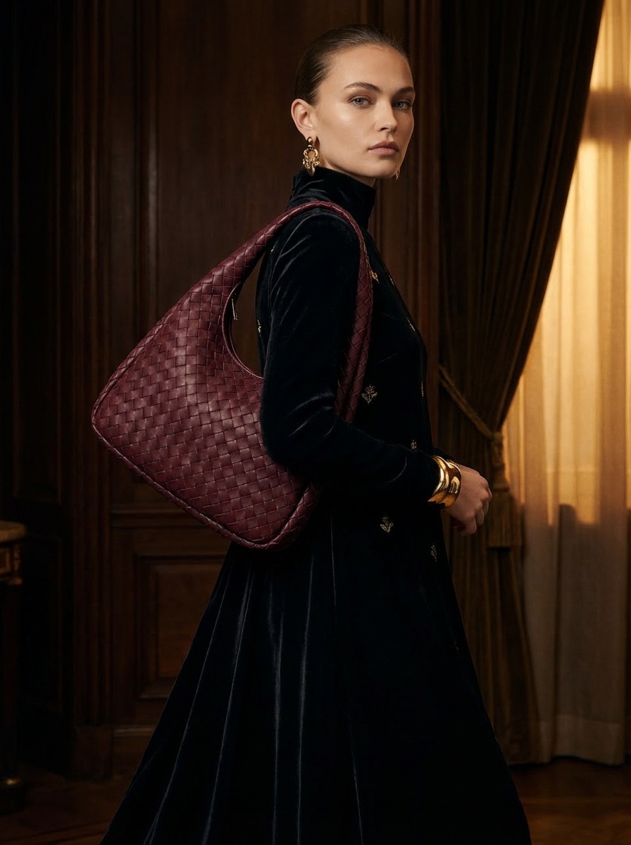 Nano Banana Pro: Elegant woman in a dark room, wearing a woven leather handbag