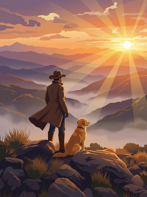 GPT Image 2.5: Person and dog overlooking mountains, sunrise, illustration style